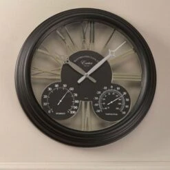 Exeter Wall Clock & Thermometer 15" - Black
