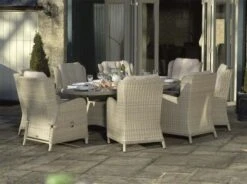 Bramblecrest Chedworth 220 X 145cm Elliptical Table, 60cm Lazy Susan, 2 Recliners, 6 Armchairs & Parasol - Sandstone