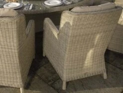Bramblecrest Chedworth 220 X 145cm Elliptical Table, 60cm Lazy Susan, 2 Recliners, 6 Armchairs & Parasol - Sandstone -Simply Garden Decor chedworth chair close up